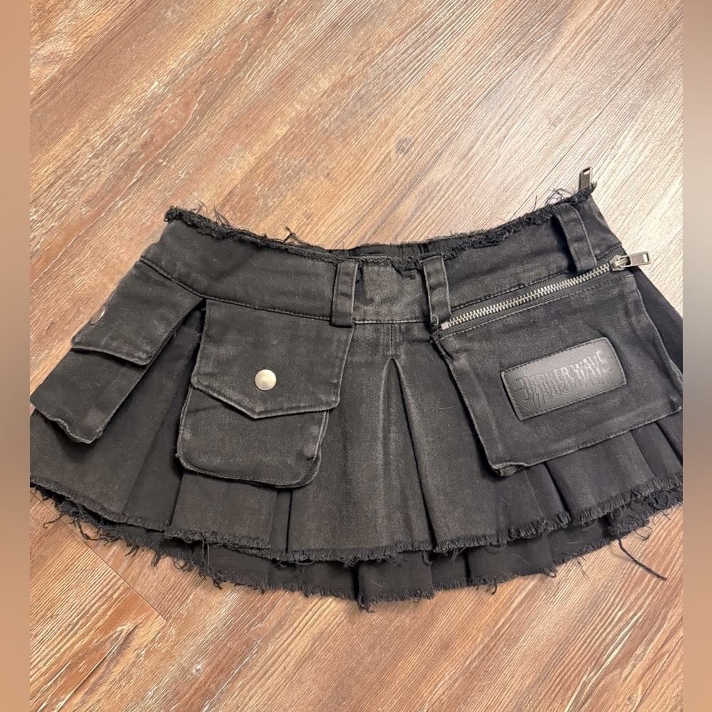 Darker Wavs pleated black denim micro mini skirt